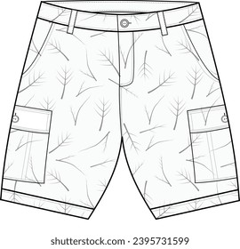 

Men's cargo shorts flat sketch vector illustration fashion front and back view, white, pockets, elastic waistband, unisex CAD mockup design,