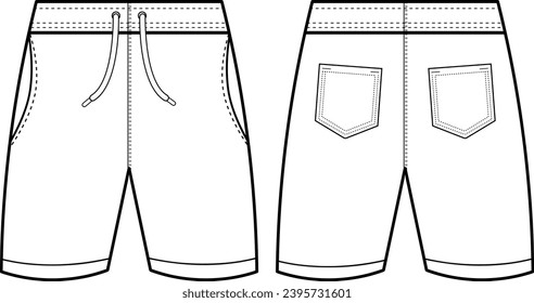 

Men's cargo shorts flat sketch vector illustration fashion front and back view, white, pockets, elastic waistband, unisex CAD mockup design,