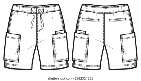 Herrenkargo-Shorts, Vorder- und Rückseite, flache Skizzenmode-Illustration, Chino-Utilitys mit Ladetaschen, technische Zeichnung, Vektorgrafik-Vorlage