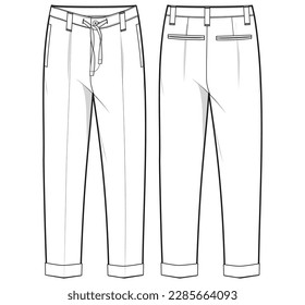 Men's Casual chino trouser pant front and back view flat sketch fashion illustration cad drawing,  slim fit pants with drawcord waist pants vector template