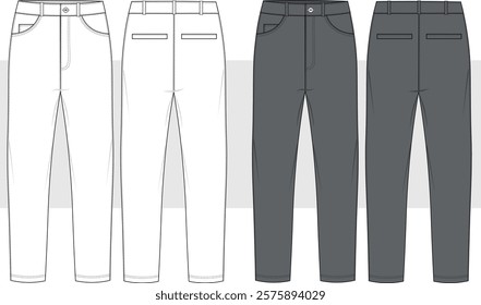 Men's Casual chino trouser pant front and back view flat sketch fashion illustration drawing, slim fit denim jeans pants vector template, CAD, Mockup.