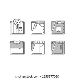 Men's casual clothing, striped shirt and jeans, t-shirt and track bottoms, folded clothes, men's wear collection, vector line icon set, linear design