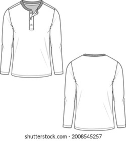 Mens Casual Henley neck long sleeve t-shirt technical fashion flat sketch drawing design