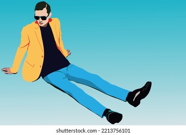 Mens casual outfit sitting on the floor style. Funky fashion male model illustration vector