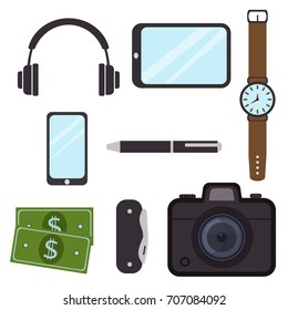 Men's casual outfits accessory grunge business watch hipster style vector illustration. Clothing essentials shoes casual man accessory travel business male elements.