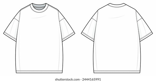 Camiseta casual de los hombres ilustración de moda técnica. Ilustración de Plantilla de Vector de camiseta. vista frontal y posterior. Cuello redondo manga corta. oversize. hombro caído. unisex. color blanco. Maqueta CAD.