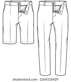 mens chino pant y chino shorts plano sketch plano vector plantilla técnica de dibujo de cad