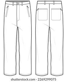 mens chino pant con bolsillos de cremallera moda sketch plano ilustración vectorial frente y retrovista mens casual desgaste pant plantilla técnica de dibujo cad