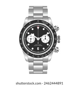 Men's chronograph watch with stainless steel bracelet. Editable EPS 10 vector graphic illustration isolated on white background.