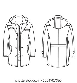 Men's classic long winter trench coat single-breasted. Outerwear jackets technical fashion illustration. Flat coat template front and back view.