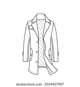 Men's classic long winter trench coat single-breasted overcoat with side pockets. Outerwear trench coat technical fashion illustration. Flat jacket coat template front view.
