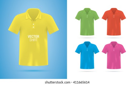 Men's classic shirt templates. Colorful vector polo shirts isolated on background. Realistic shirt mockup.