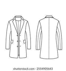 Men's classic trench overcoat single-breasted coat jacket line art. Front and back view. Isolated on a white background