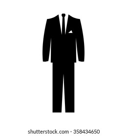 Men's classical black suit with tie. Men's wardrobe. Silhouette. Vector illustration.
