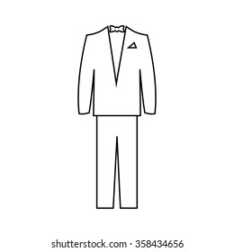 Men's classical black suit with tie. Men's wardrobe. Line art Vector illustration.