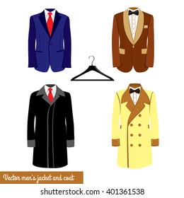 Men's Classical Suit Vector Illustration.Blue And Broun Businessman Suit With Red Neck Tie Or Black Bowtie And White Shirt. Men's Jacket And Coat, Plastic Hanger.Men's Fashion