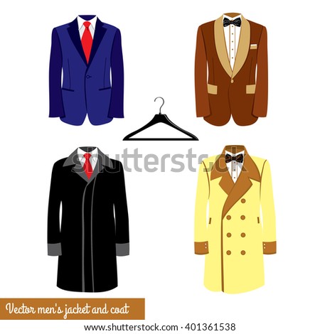 Men's classical suit vector illustration.Blue and broun businessman suit with red neck tie or black bowtie and white shirt. Men's jacket and coat, plastic hanger.Men's fashion
