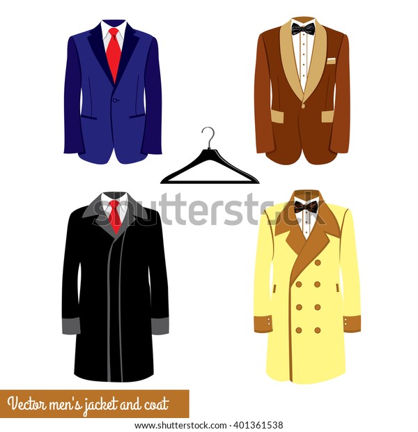 男性用クラシックスーツベクターイラスト 赤いネクタイまたは黒い蝶ネクタイと白いシャツを持つ青と青のビジネスマンスーツ 男性用ジャケットとコート プラスチック製ハンガー 男性用ファッション のベクター画像素材 ロイヤリティフリー