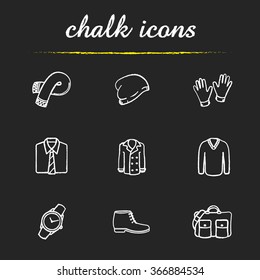 Men's clothes and accessories chalk icons set. Wrist watch, hand bag, classic shirt and gloves. Winter hat, boots and sweater. White illustrations on blackboard. Vector chalkboard logo concepts