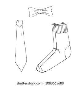 Men's clothes sketch - tie, socks and bow tie. Black and white illustration.