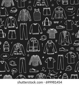 Men's Clothing and accessories. Chalk drawing style. Hand drawn seamless pattern