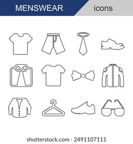 Men's Clothing and accessories icons. vector lines on white background. Various types of men's clothing for work and leisure. Various men's clothing icons