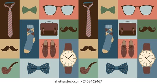 Men's clothing and accessories set. Gentleman's set with smoking pipe, bow tie, boots, watch. Seamless geometric pattern.