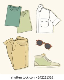 Men's clothing and accessories: trousers, t-shirt, shirt, sneakers and glasses