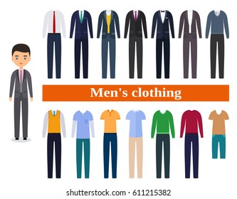 Men's clothing. Business clothes for men. Male character in flat design. Set garment. Vector illustration