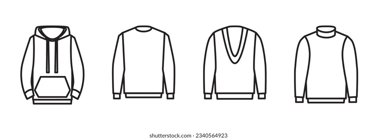 Men's clothing for different seasons, icons set. Men's clothing icon, thin line style. Elegant, Collection of Men's Clothes and accessories. Various types of men's clothes. Boy doodle vector.