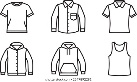 Men's Clothing Icon Set – T-Shirt, Hoodie, Shirt, Tank Top, Polo, Jacket Line Vector Collection