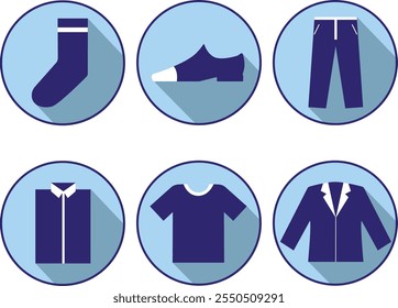 Iconos de la ropa de los hombres en un fondo azul: zapatos, camisa, chaqueta, pantalones, camiseta, calcetines