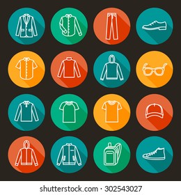 Men's Clothing icons. White print with a shadow on a colored background. Hoodi icon, clothes icon, jumper icon, cloth, fashion, sport