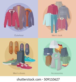 Men's clothing. Outerwear. Mens look. Mens shoes. Accessories. Autumn winter collection. Stylish fashionable clothes from popular designers. Best world brands trends. Vector in flat style design