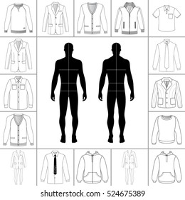 Men's clothing outlined template set (single breasted suit, shirt, pullover etc.) & man croquis silhouette, vector illustration isolated on white background