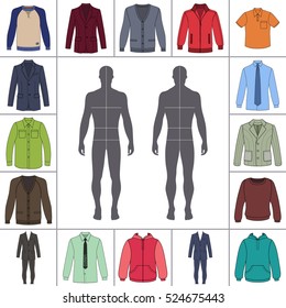 Men's clothing outlined template set (single breasted suit, shirt, pullover etc.) & man croquis silhouette, vector illustration isolated on white background