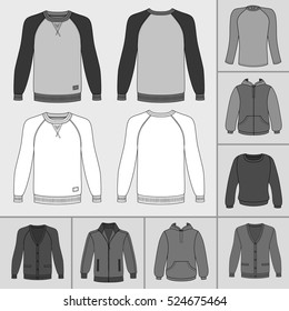 Men's clothing outlined template set front view (jacket, raglan t shirt, hoodie, sweatshirt, sports pullover), 
vector illustration isolated on grey background
