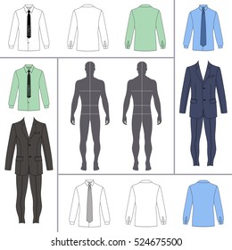 Men's clothing outlined template set (single breasted suit, shirt, tie), vector illustration isolated on white background