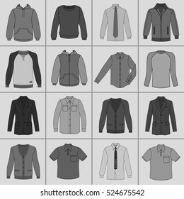 Men's clothing outlined template set front view (jacket, shirt, cardigan, sweatshirt, sports pullover, hoodie), vector illustration isolated on grey background