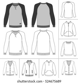 Men's clothing outlined template set front view (jacket, raglan t shirt, hoodie, sweatshirt, sports pullover), 
vector illustration isolated on grey background