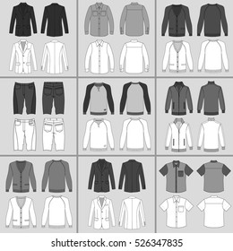 Men's clothing outlined template set front & back view (jacket, shirt, cardigan, shorts, sweatshirt, sports pullover), vector illustration isolated on grey background