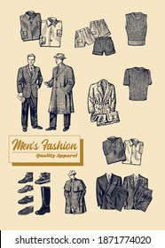 Men's Clothing Quality Apparel  illustration set, retro fashion for men engraved.