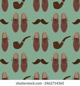 Men's clothing seamless pattern. Classic boots and a tobacco pipe on a light green background. For cover, wrapping paper, paper, case