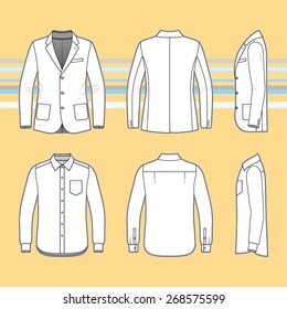 Men's clothing set. Blank template of classic blazer and shirt in front, back and side views. Buisiness style. Vector illustration on the yellow striped background for your fashion design. 