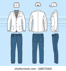 Men's clothing set. Blank template of classic blazer, jeans and cap in front, back and side views. Casual style. Vector illustration on the blue striped background for your fashion design. 