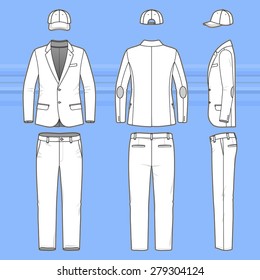 Men's clothing set. Blank template of classic blazer, pants and cap in front, back and side views. Casual style. Vector illustration on the blue striped background for your fashion design. 