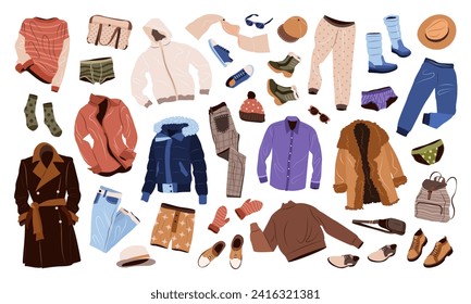 Men's clothing set in casual style. Fashion clothes, accessories, shoes, bags for fall and winter. isolated flat vector illustrations on white background.