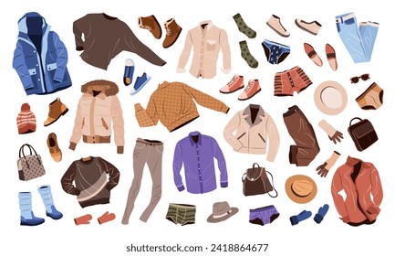 Men's clothing set in casual style. Fashion clothes, underwear, accessories, shoes, bags for fall and winter. isolated flat vector illustrations on white background.