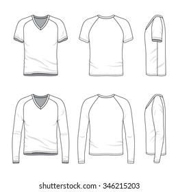 Men's clothing set. Front, back and side views of blank v-neck t-shirt and tee. Casual style. Vector templates for your fashion design. Isolated on white.