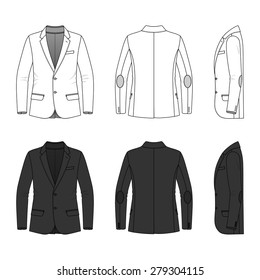 Men's clothing set in white and black colors. Blank template of classic blazer in front, back and side views. Casual style. Vector illustration for your fashion design. Isolated on white.